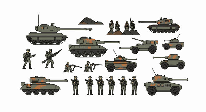Collection of pixelated military vehicles and soldiers with weapons