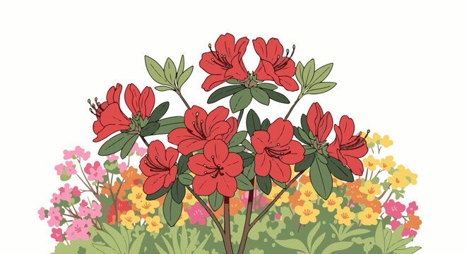 A vibrant illustration of red azalea flowers blooming amongst smaller pink, yellow, and orange blossoms