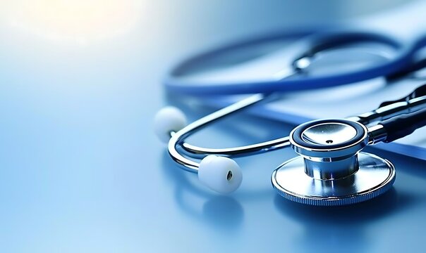Close up stethoscope on blue reflective surface with copy space for medical copy.