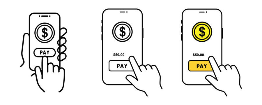 Mobile payment concept with smartphone screen, pay button and hand interaction. Modern flat and line vector illustration isolated on transparent background, ideal for fintech, online transaction