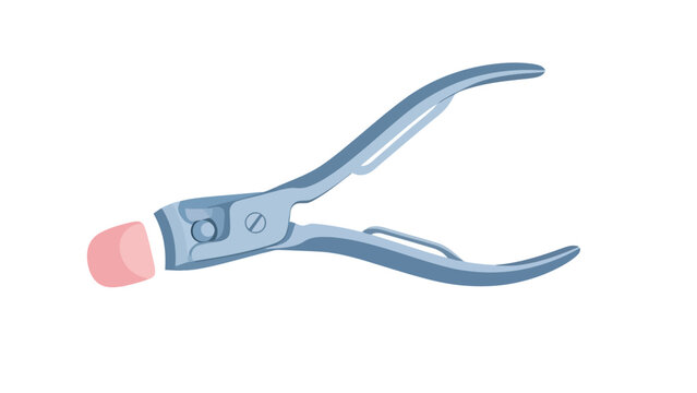 Cartoon illustration of light blue nail nippers with a pink cap on one jaw