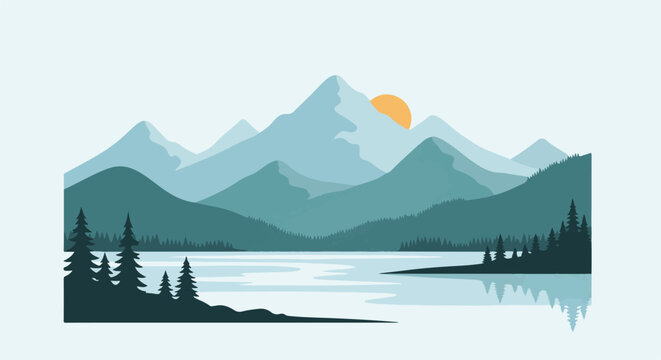 Serene mountain vista with a tranquil lake and setting sun