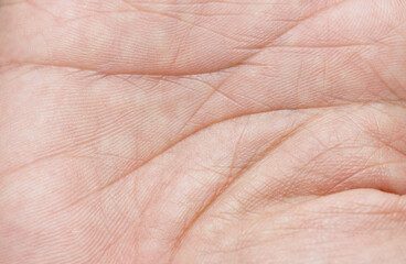 Fototapeta premium Extreme close-up of human palm skin texture showing detailed lines and wrinkles,Macro,A macro shot focusing on the intricate details of a human palm, highlighting the natural skin texture, deep.