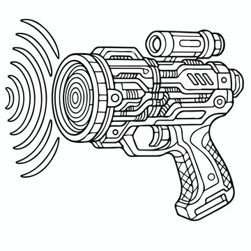 Futuristic laser blaster toy emitting sonic energy waves for space exploration play depicted in a detailed black and white illustration