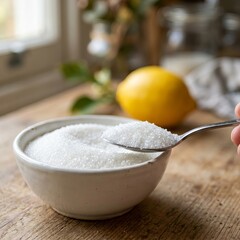 Fototapeta premium Close up of a spoon scooping white granulated sugar from a bowl with a lemon in the background.