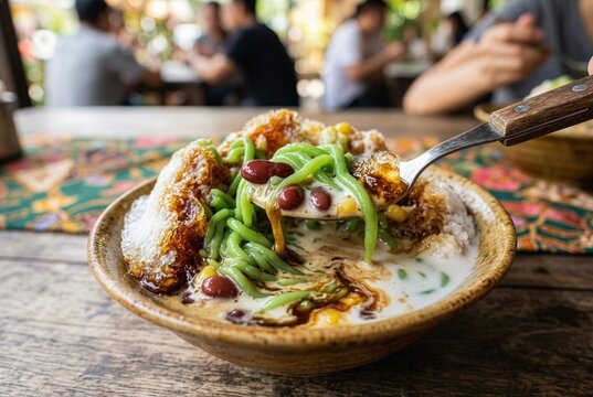 Close-Up of Malaysia Cendol Dessert with Gula Melaka Syrup and Coconut Milk