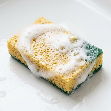 Close-up of a yellow sponge with green scrubby side covered in white soap suds.
