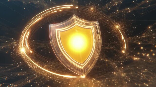 A glowing shield with bright core and abstract digital lines on dark background, concept of cybersecurity protection