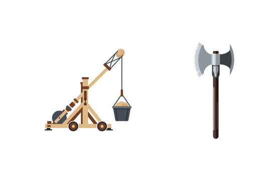 Ancient siege weapon and battle axe vector illustration on white background