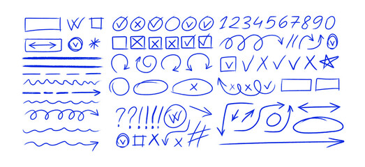 Hand drawn blue highlights, underlines and emphasis crayon elements. Blue pen check marks, ovals and school notebook shapes for hand drawn notes, PNG © sotejarts