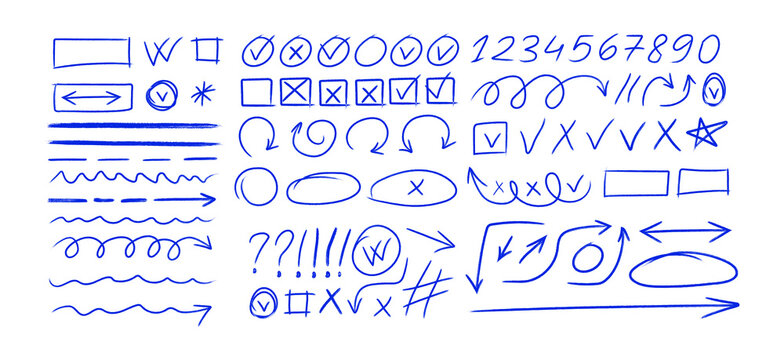 Hand drawn blue highlights, underlines and emphasis crayon elements. Blue pen check marks, ovals and school notebook shapes for hand drawn notes, PNG