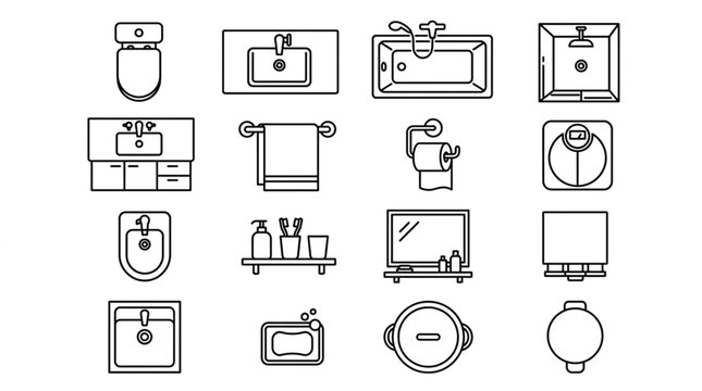 Collection of bathroom fixtures and accessories line art icons.