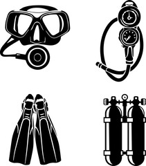 Scuba diving equipment set icons including mask snorkel fins and oxygen tanks © Kajonboy