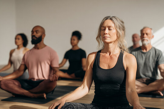 yoga and meditation retreat or class, group of people meditating with closed eyes