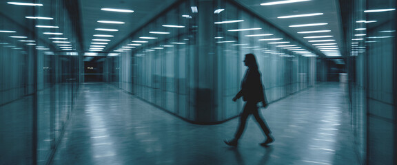 Fototapeta premium A silhouette of a person walking in a modern glass corridor lit by bright overhead lights, creating a futuristic atmosphere at night.