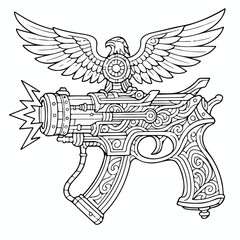 Fototapeta premium Intricate black and white line art illustration featuring a vintage ray gun topped with a majestic eagle in flight pose
