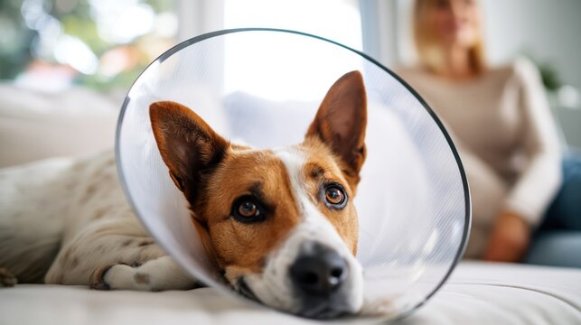 Dog wearing protective cone resting on sofa at home with owner in background.