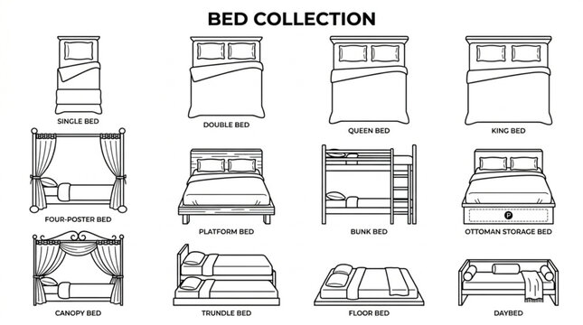 Various Bed Types Collection Outline Illustrations Set.
