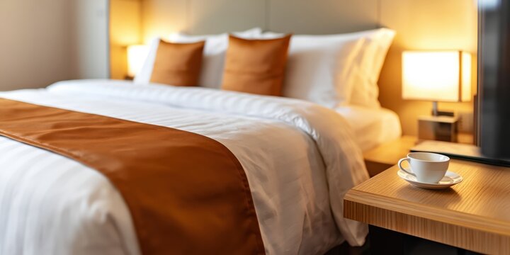 Cozy hotel bedroom with neatly made bed, orange runner, bedside lamps, and coffee cup on nightstand.