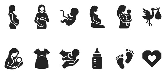 pregnancy and maternity silhouette icon set, mother baby newborn prenatal symbols including fetus breastfeeding stork and bottle, solid vector collection isolated on transparent background