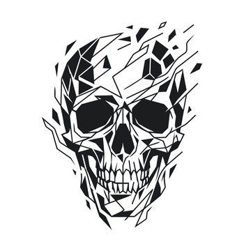 skull, skeleton, bone, head, death, mortality, decay, disintegration, abstract, geometric, shards, fragments, lines, flow, dynamic, ethereal, artistic, graphic, design, illustration, vector, black, wh