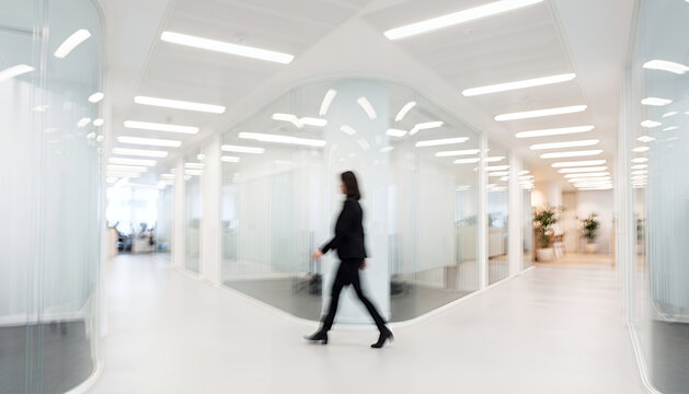 A professional woman walks through a modern office space with glass walls and a clean, minimalist design, highlighting a collaborative work environment.