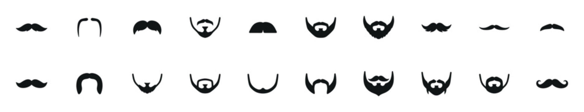 facial hair icon assortment, beard and mustache styles for barber salon and hipster design, simple outline and solid vector set isolated on transparent background