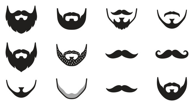 beard and mustache icon set, various facial hair styles for barber and grooming design, simple outline and solid vector collection isolated on transparent background