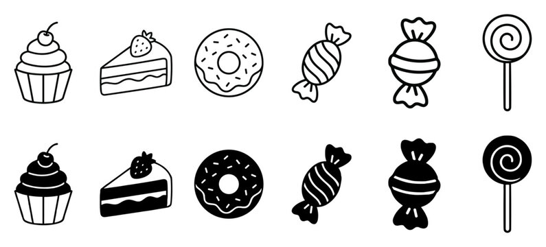 dessert and candy outline icons set, cake cupcake donut sweets lollipop and confectionery treats, simple vector collection isolated on transparent background