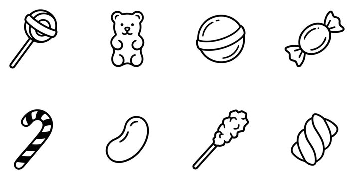 candy dessert outline icons set, sweet confectionery collection including lollipop gummy and caramel treats, simple vector food symbols isolated on transparent background