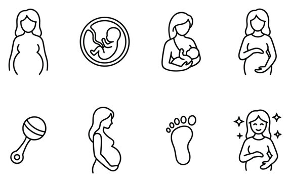 pregnancy and maternity icon set, mother baby newborn and prenatal healthcare symbols including breastfeeding fetus and footprint, simple outline vector collection isolated on transparent background