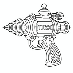 Naklejka premium Vintage style ray gun toy illustration features a classic retro space design with mechanical details and a bold turbo label