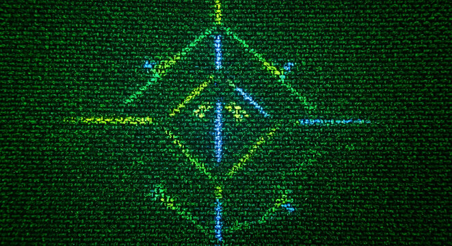 Neon diamond shape glows bright green across dark textured digital matrix.