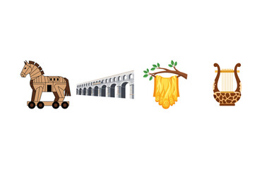 Historical Vector Set Classical Mythology and Ancient World Symbols, Featuring Trojan Horse, Aqueduct, Golden Fleece, Lyre © Astutik