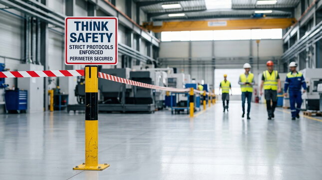 Workplace safety sign and barricade tape with industrial workers walking in manufacturing plant, emphasizing occupational health and perimeter security protocols.
