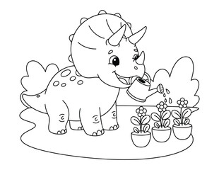 Dinosaur triceratops character uses a small watering can to care for flowers in a garden coloring page © Crafter
