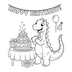 Dinosaur pterodactyl character uses a small watering can to care for flowers in a garden coloring page © Crafter