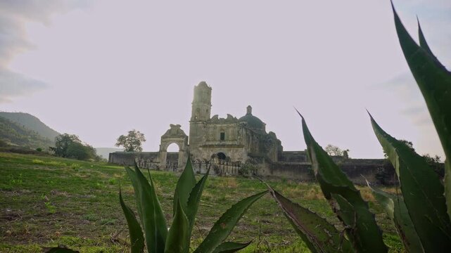 Abandoned ex hacienda Caxcantla church ruins in puebla, mexico