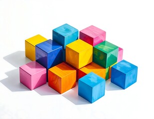 Fototapeta premium Vibrant Colorful Cubic Blocks Arrangement On White Surface With Sharp Shadows Studio Photography Of Multi Colored Geometric Shapes Stacked Randomly