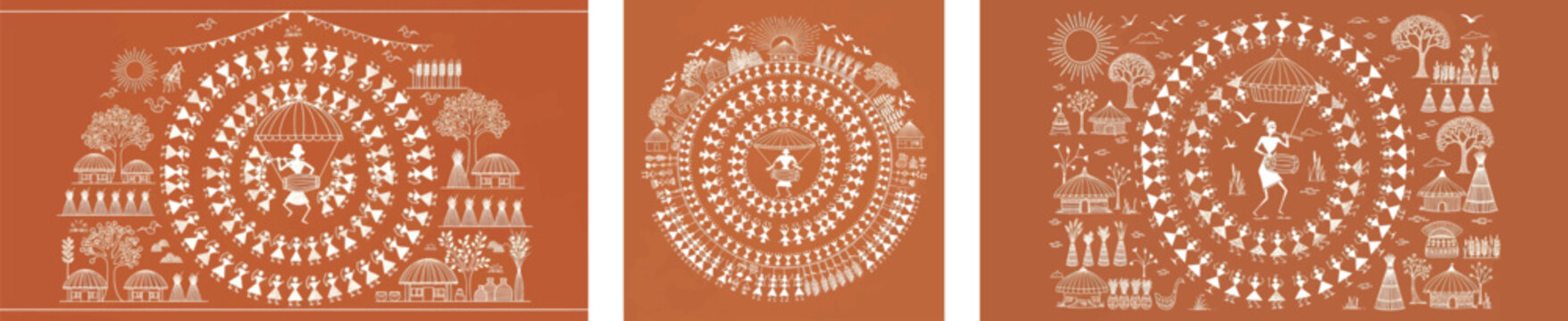 Traditional Warli art vector set, tribal Indian folk painting on terracotta background, ethnic village life illustrations with dancing figures and nature