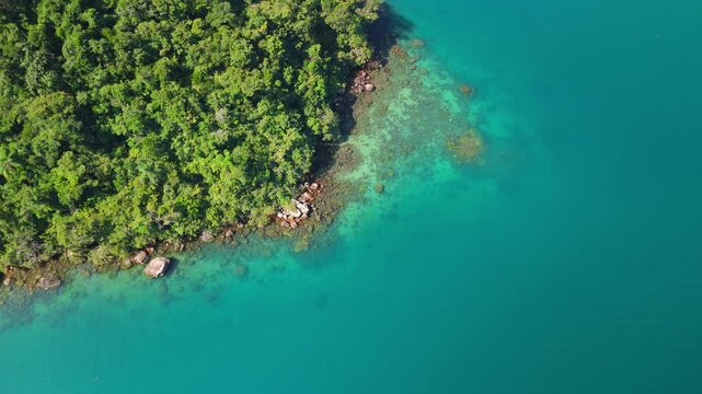 Aerial view of the coast of the tropical island of Ilha Grande near the town of Angra dos Reis in Brazil