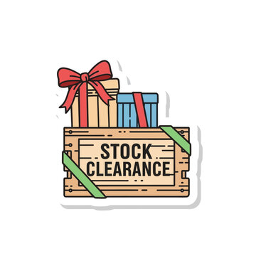Stock clearance event featuring discount gift boxes in a sturdy wooden crate, perfect for promoting end-of-season sales and special offers, with festive presents for shoppers