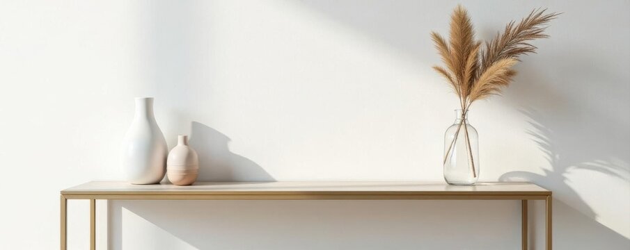 Beige metal console table with small decorative objects against a white wall Ample copy space , texture, copy space