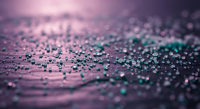 Teal salt crystals scatter across dark rough stone surface under soft purple.