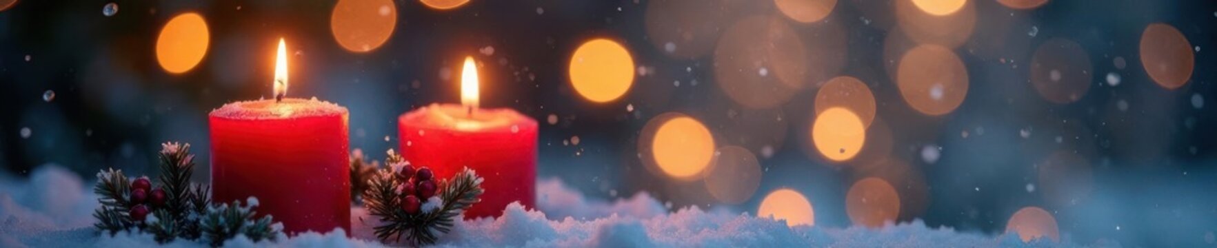 Burning advent candles, magical bokeh, snowy scene , christmas backdrop, winter, holiday banner