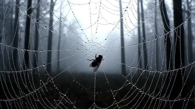 Spider waiting on a dew-covered web in a misty forest.