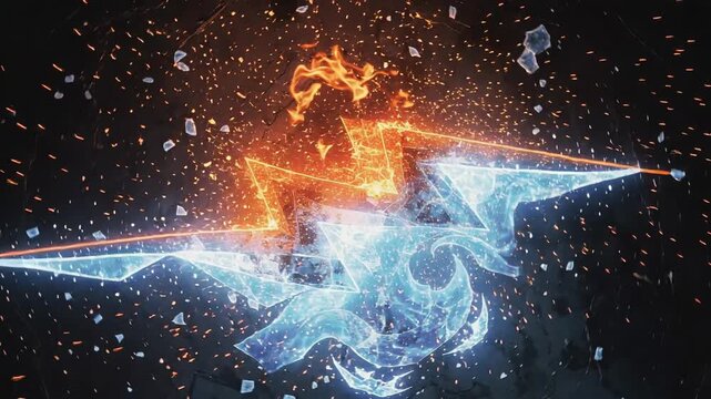 Epic clash of fire and ice energy with glowing sparks and glowing shards in dark background