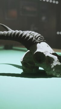 A skull with horns sits on a bright green surface in a dimly lit room. The setting appears casual with background elements barely visible. The focus is on the skull itself and its details.