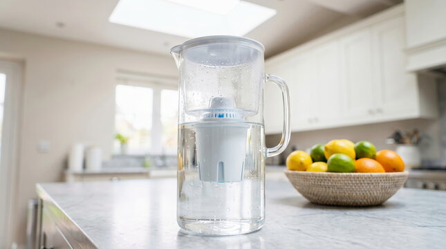 Water filter pitcher with purification cartridge on bright kitchen marble counter, alongside fresh fruit for healthy living.