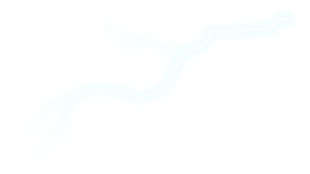 Electric blue lightning bolt, powerful atmospheric discharge, glowing cyan thunderbolt strike, energetic weather phenomenon for composite design isolated PNG with Transparent Background